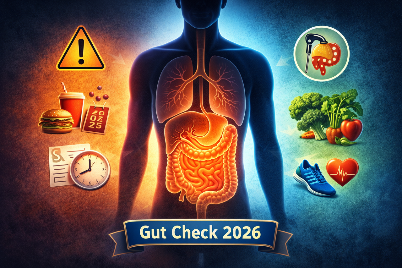 Illustration of a human silhouette with highlighted digestive system, showing warning and prevention icons to represent colorectal cancer risk and prevention.