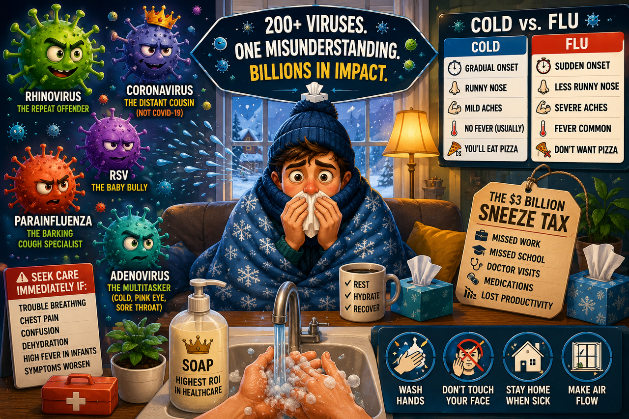 Illustration of colorful cold viruses surrounding a bundled-up person indoors while handwashing and healthy habits block infection, highlighting common cold prevention and the cold vs. flu difference.
