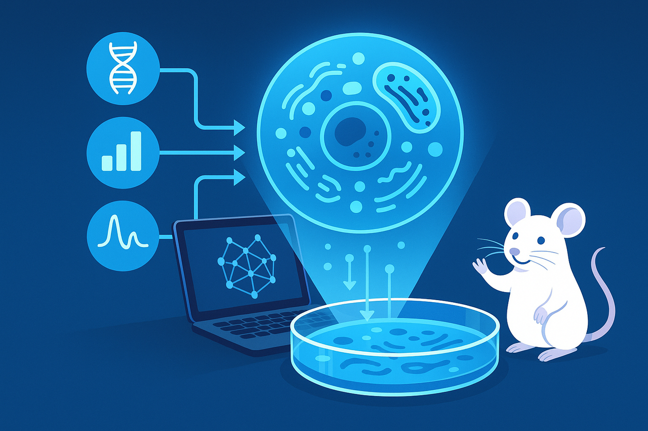 Laptop running AI models projects a digital cell over a petri dish, with genomics/proteomics icons feeding the simulation—symbolizing “model first, mouse later.”