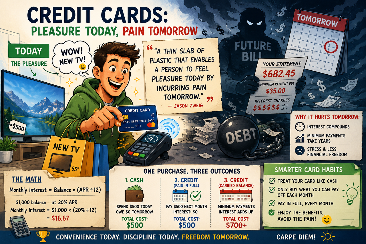 Humorous illustration of a smiling shopper happily tapping a credit card to buy a television while a shadow labeled 