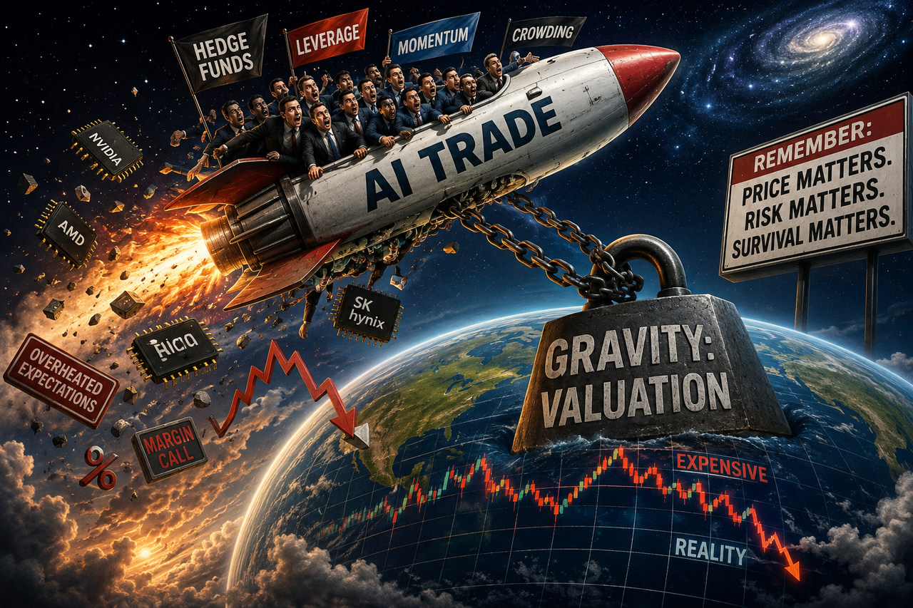 AI stock rocket pulled toward Earth by valuation gravity as hedge funds unwind crowded semiconductor and technology trades.