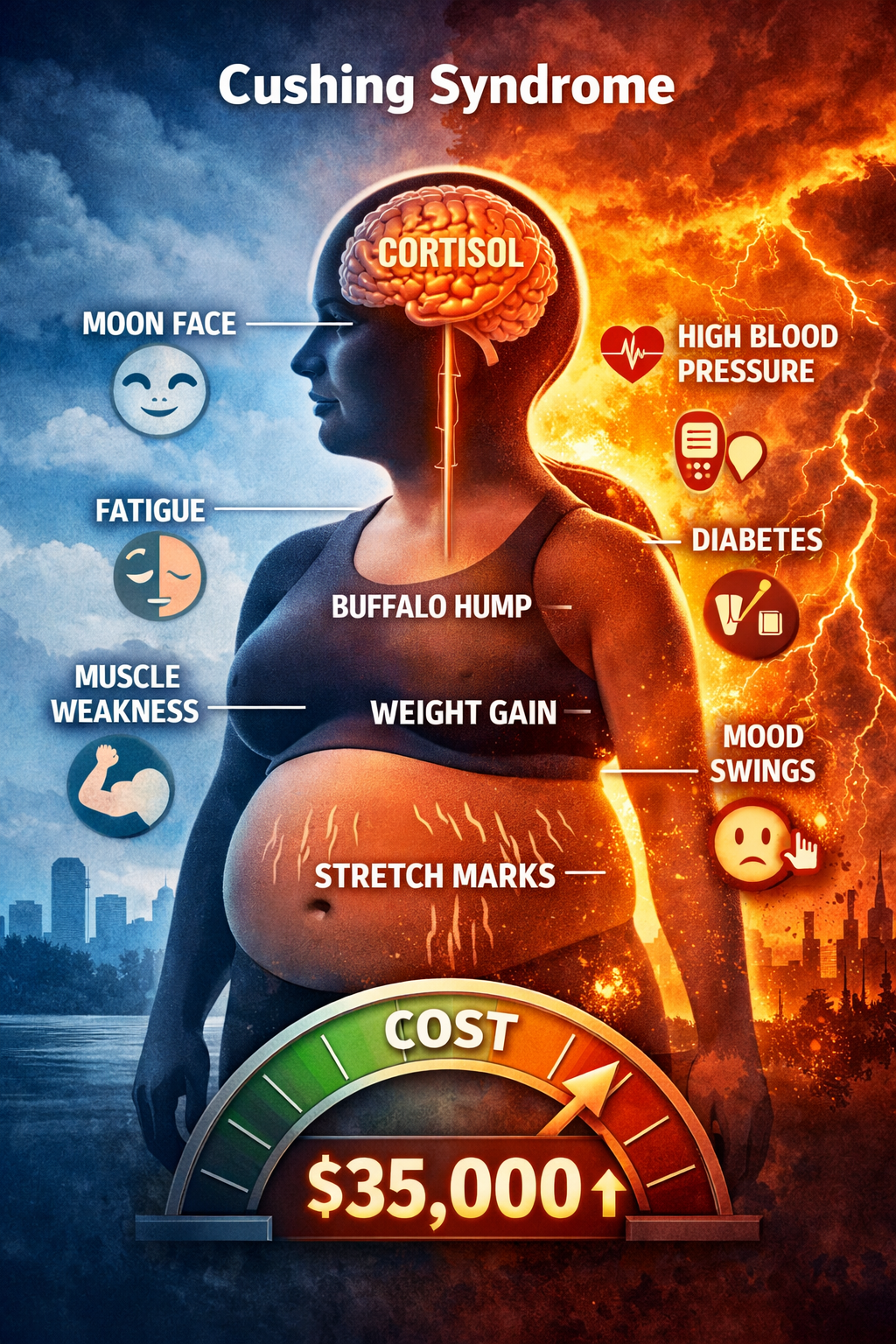 Illustration of a human body affected by excess cortisol, highlighting symptoms of Cushing Syndrome such as moon face and central weight gain, alongside a rising cost meter symbolizing the financial burden of the condition.