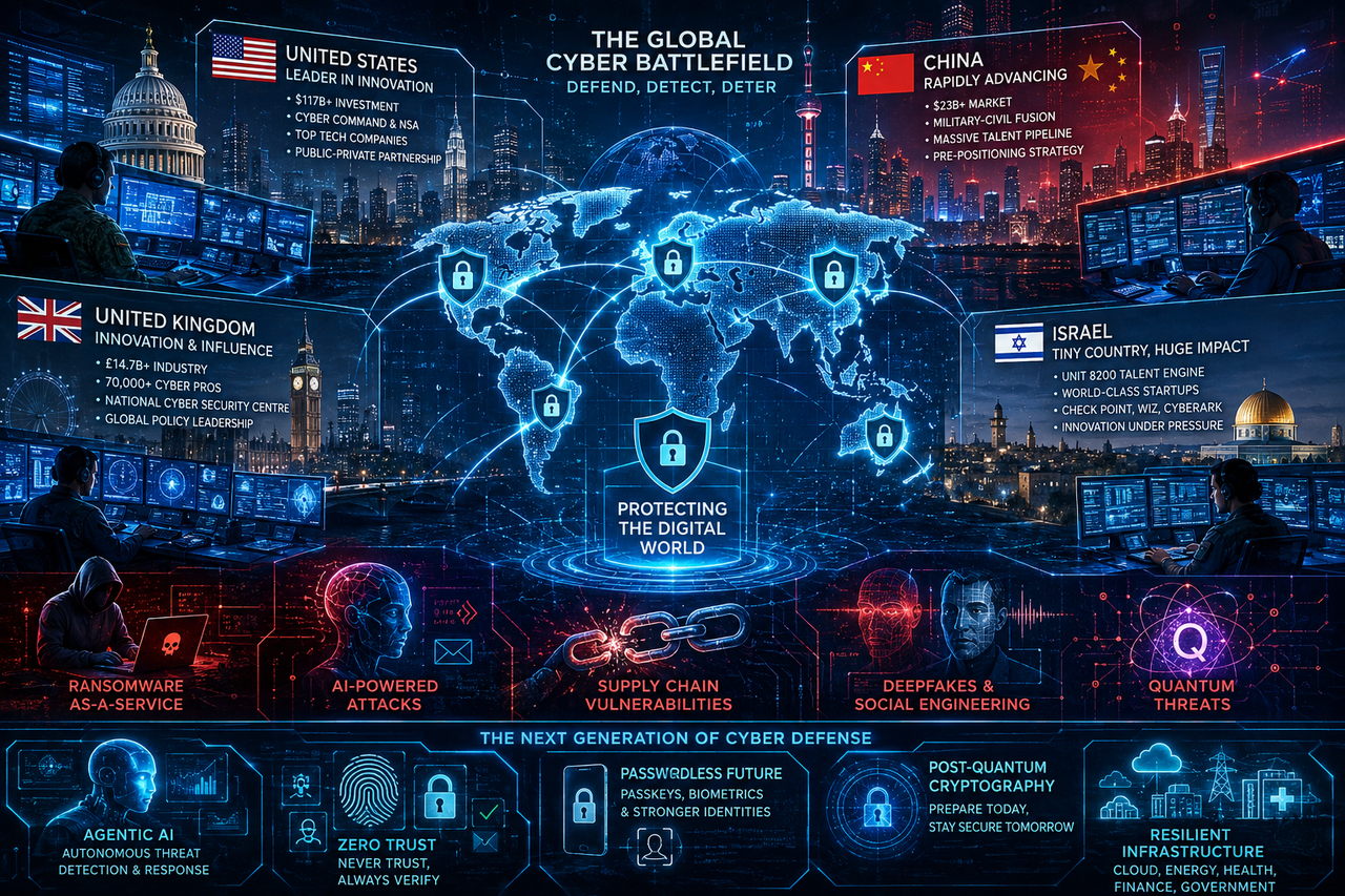 Futuristic cybersecurity illustration showing the United States, China, the United Kingdom, and Israel competing in a global digital arms race against AI-powered cyber threats, ransomware, and quantum-computing risks.