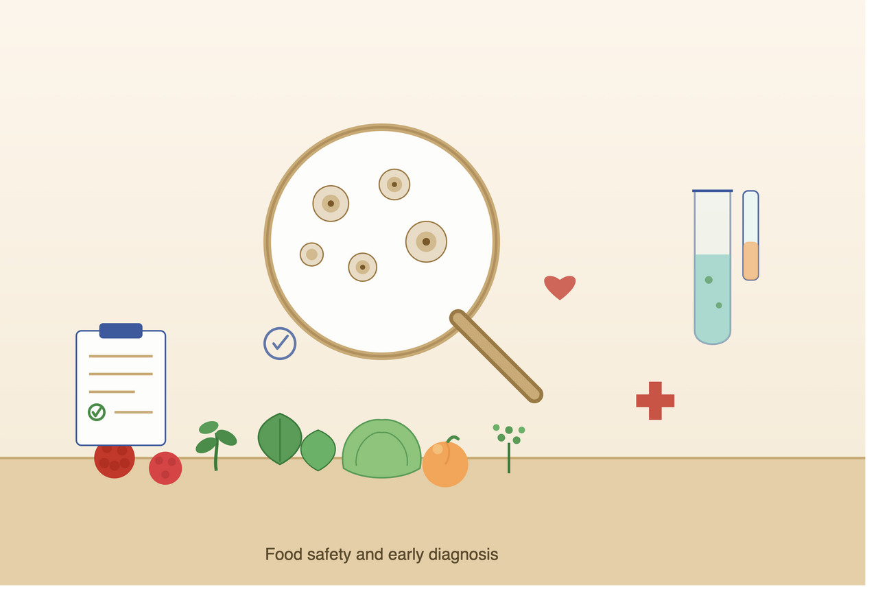 Fresh summer fruits, leafy greens, and herbs under a magnifying glass revealing microscopic Cyclospora parasites, alongside a laboratory test tube and health icons, symbolizing food safety, early diagnosis, and prevention of cyclosporiasis.