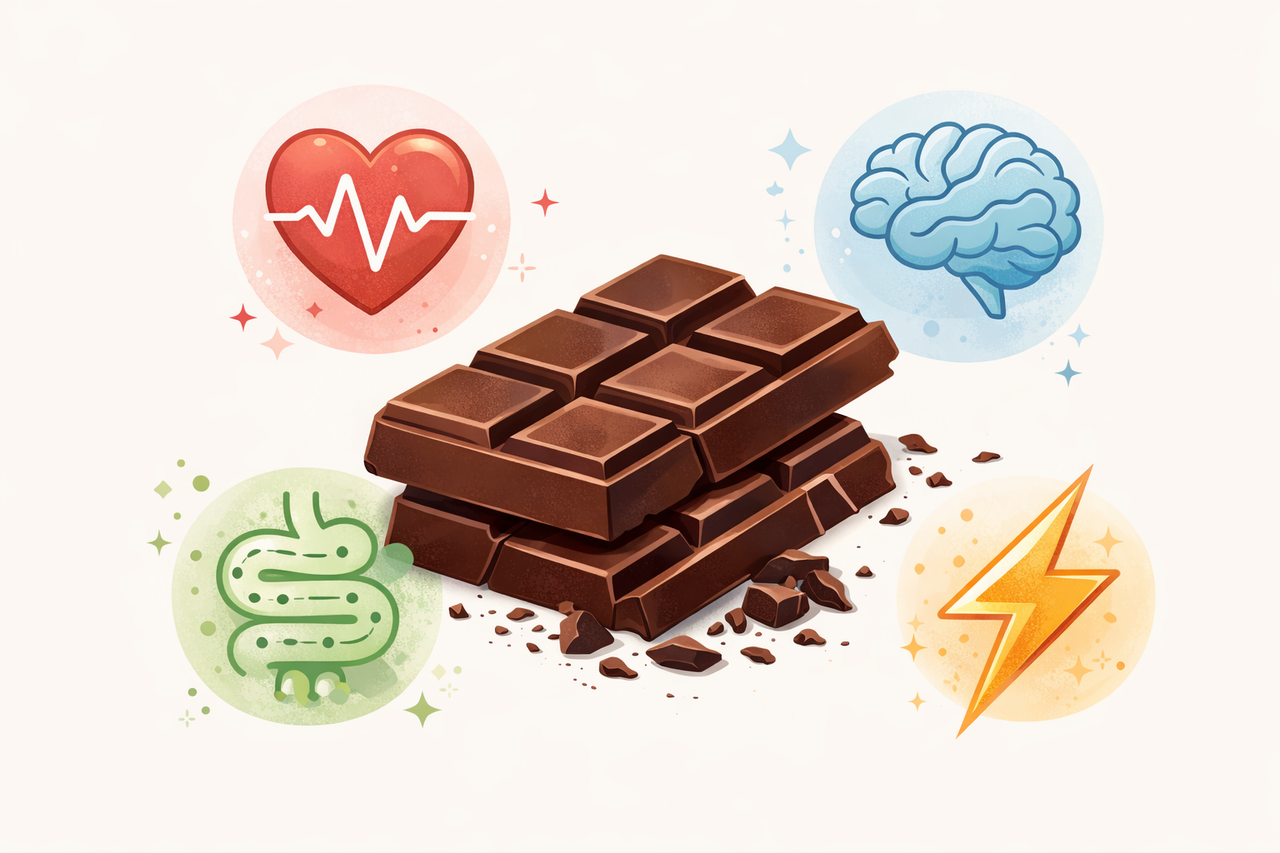 Editorial illustration of dark chocolate with icons for heart, brain, and gut health, representing the science-backed benefits of dark chocolate in a modern wellness context.