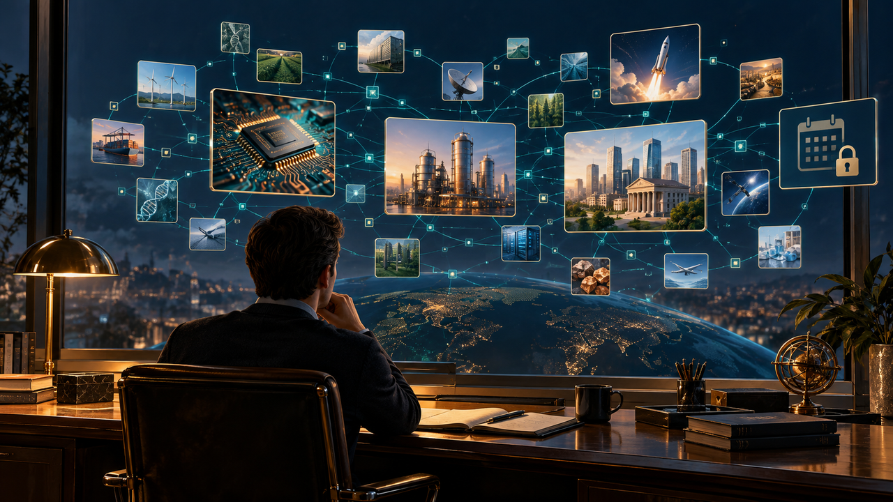 Editorial illustration of an investment researcher studying an interconnected portfolio, with technology, space and calendar motifs symbolizing D. E. Shaw’s diversification and investor liquidity terms.
