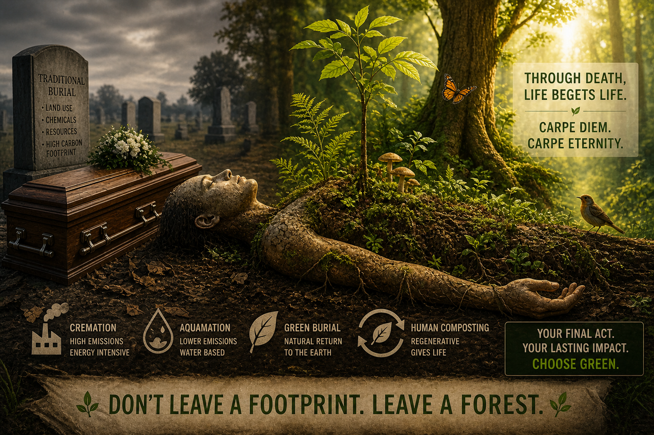 Illustration of a human body transforming into soil and nourishing plants in a forest, symbolizing green burial and human composting as sustainable alternatives to traditional funerals.