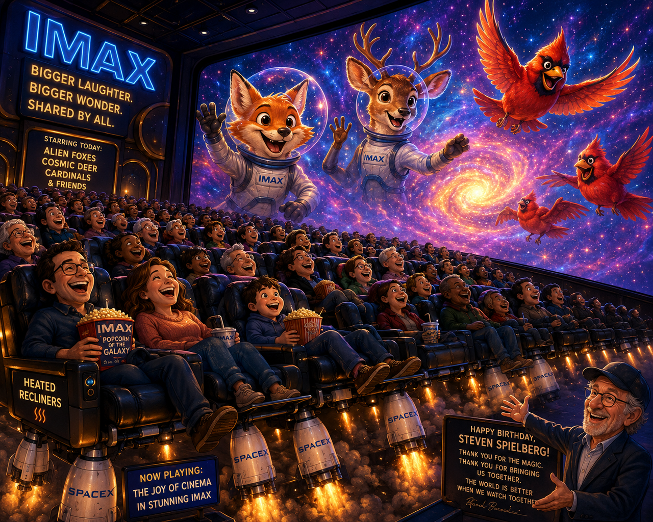Colorful cartoon-style illustration of a luxurious IMAX theater filled with laughing audiences sitting in heated recliners while friendly alien foxes, deer, and cardinals appear on a giant cosmic screen.