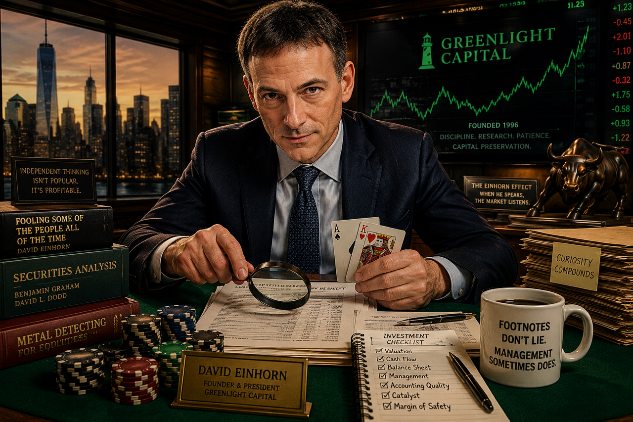 Illustration of hedge fund manager David Einhorn at a poker table surrounded by financial statements, symbolizing Greenlight Capital's value-investing strategy, forensic accounting expertise, and long-short investing approach.