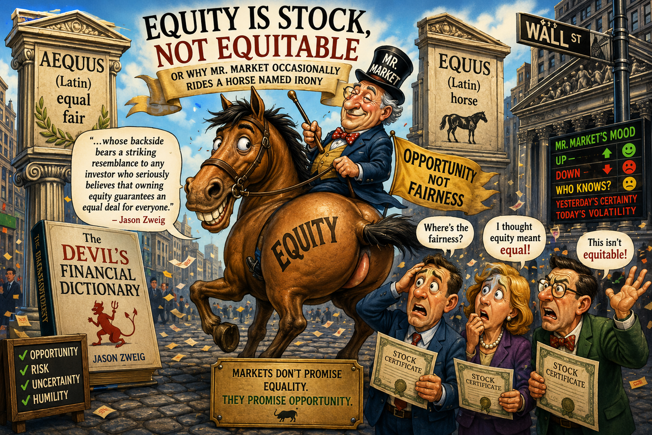 Humorous illustration showing Mr. Market riding a cheerful horse named 