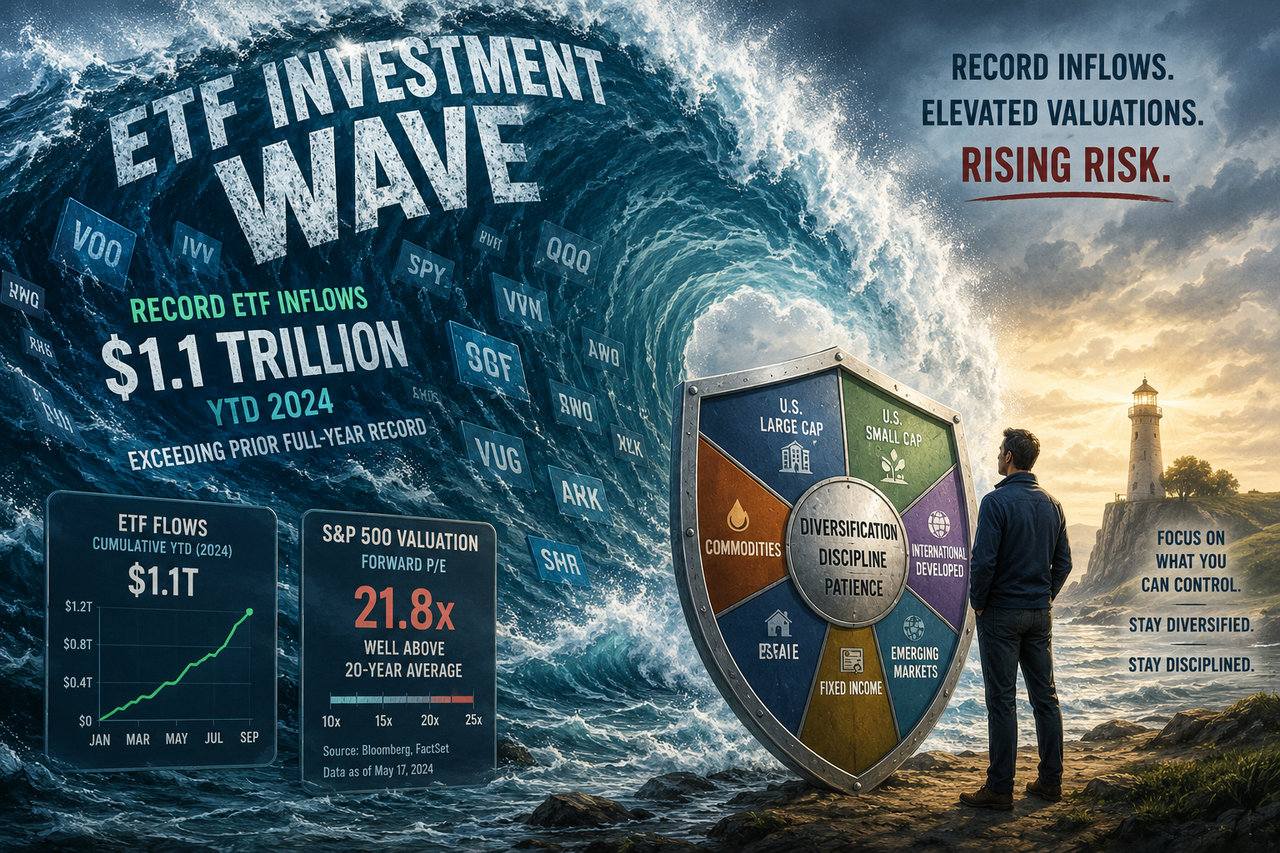Illustration of a massive ETF investment wave approaching a disciplined investor protected by diversification, highlighting record ETF inflows and elevated S&P 500 valuations.