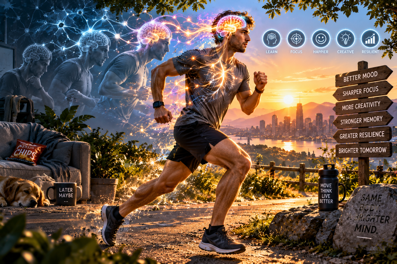 Person exercises as glowing neural pathways illuminate the brain, illustrating how physical activity supports neuroplasticity and cognitive health.