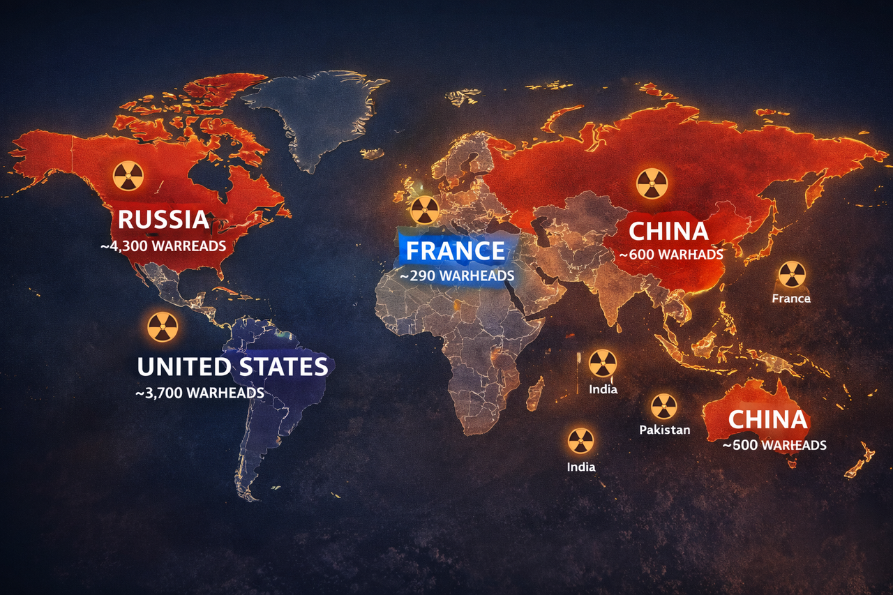 Chart illustrating estimated nuclear warhead stockpiles by country, showing Russia, the United States, China, France, and the United Kingdom as the five largest nuclear powers. Source: SIPRI Yearbook 2025