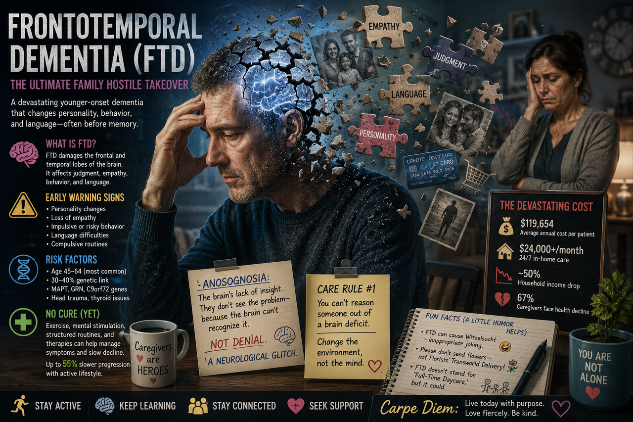 Illustration of Frontotemporal Dementia (FTD) showing a middle-aged person whose identity seems to fragment into floating puzzle pieces while a caregiver watches nearby, showing the emotional and financial impact of younger-onset dementia and anosognosia.