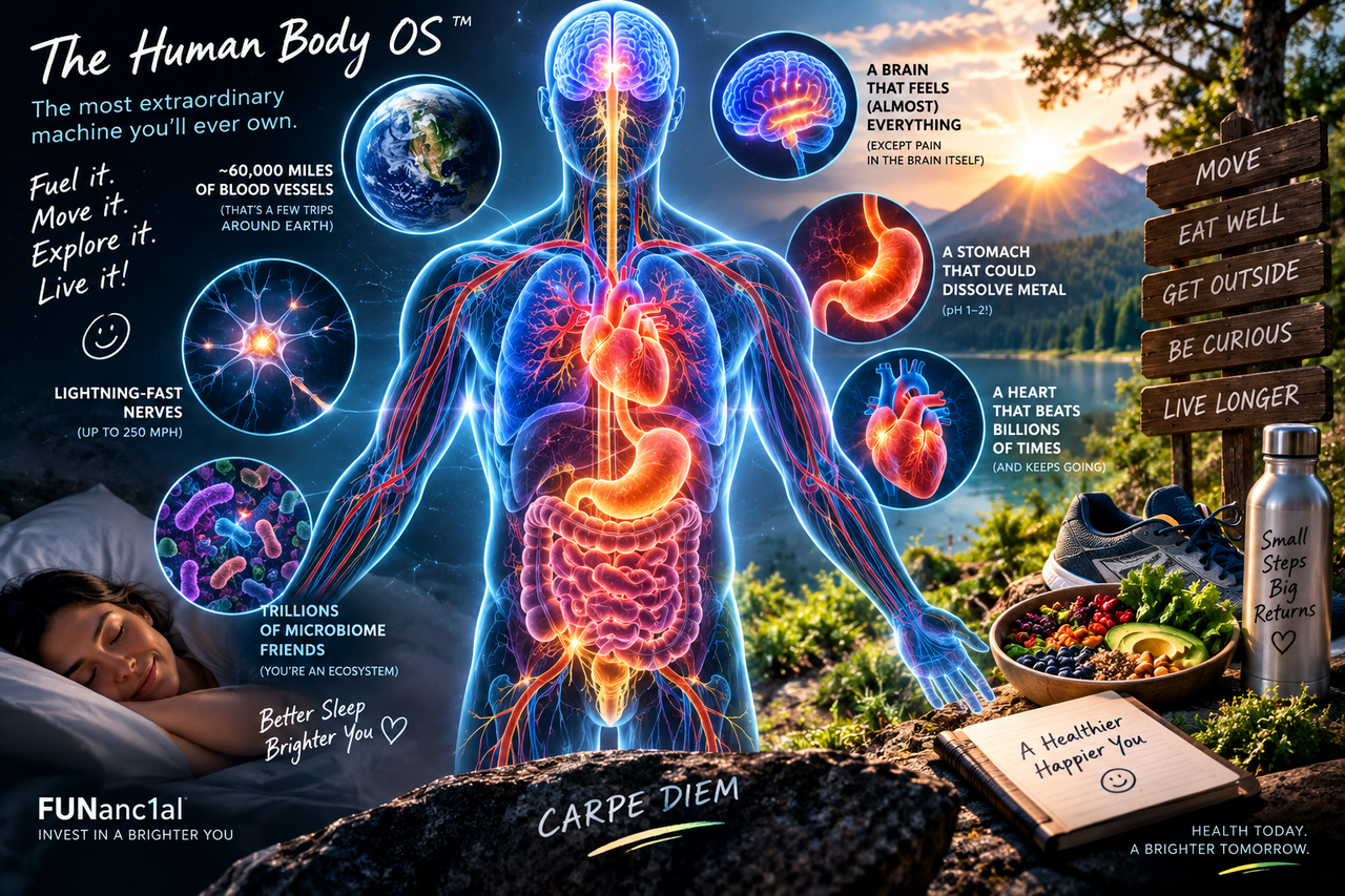 Human body visualization showing the brain, heart, blood vessels and nervous system alongside science-backed health habits.