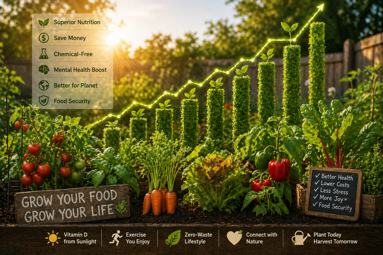 Backyard garden with vegetables growing like upward financial chart bars under sunlight, symbolizing the health and financial benefits of growing your own food