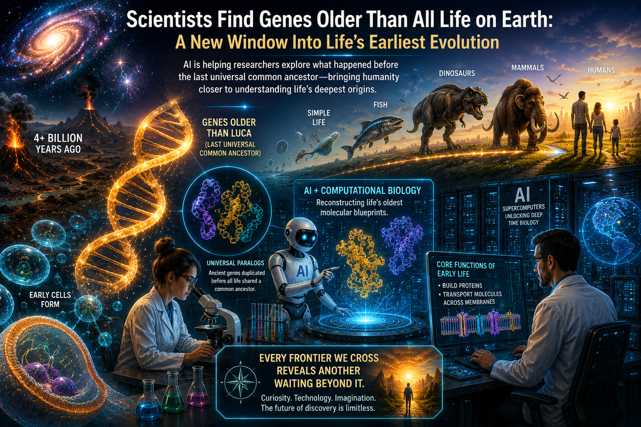 An illustration of early Earth floating in space billions of years ago, with glowing strands of ancient DNA stretching backward through cosmic time. Scientists and friendly AI robots reconstruct brilliant golden genes.