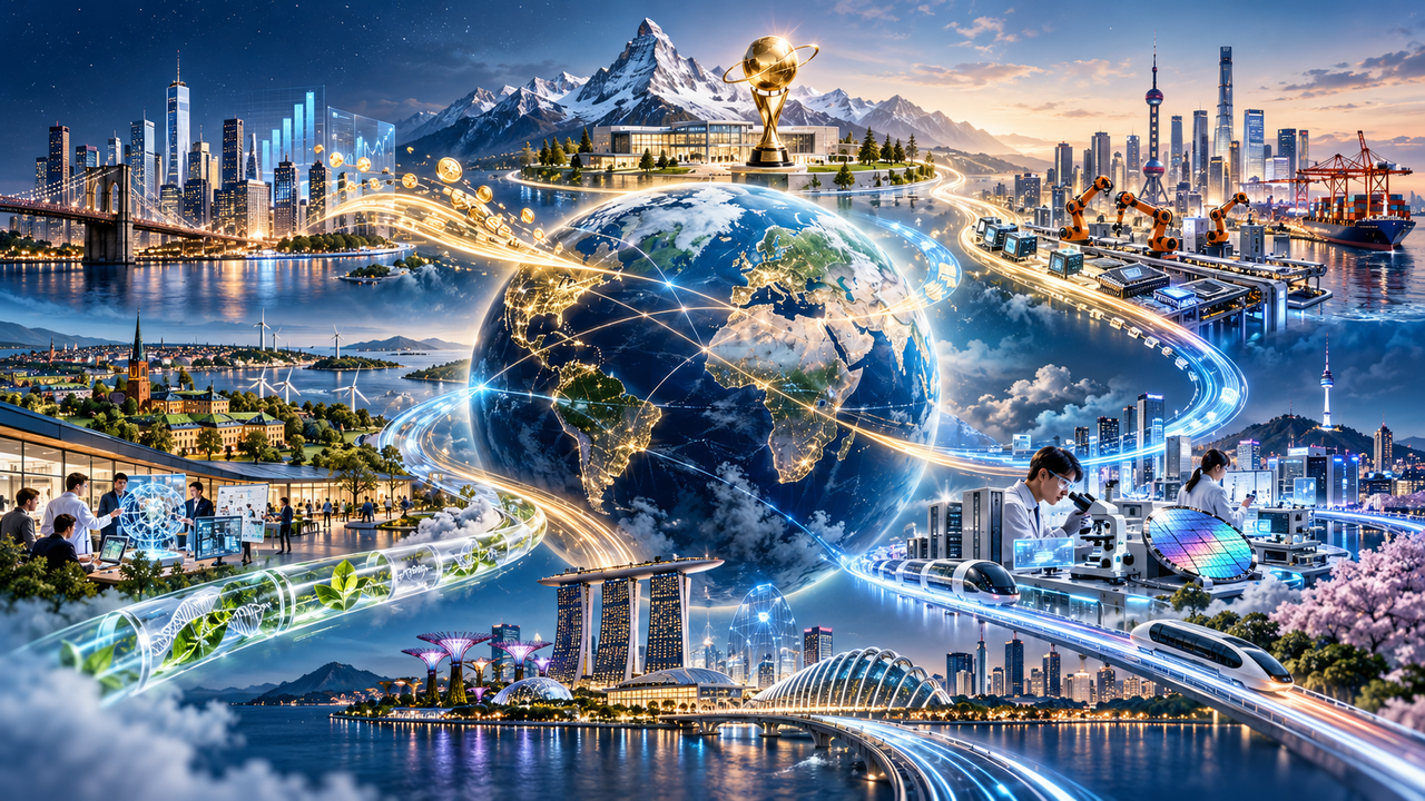Global Innovation Index 2026 illustration showing Switzerland leading as America finances innovation and China produces technology outputs.