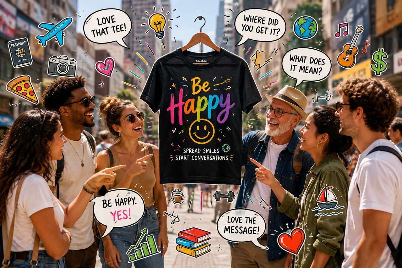 Graphic T-shirt inspiring conversations as people gather around colorful wearable art celebrating creativity, happiness, and self-expression through fashion.