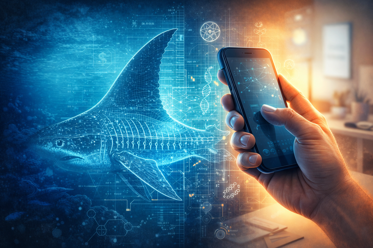 Illustration of a shark fin transforming into a human hand holding a smartphone, symbolizing the evolution of hands from ancient fish fins and modern hand health