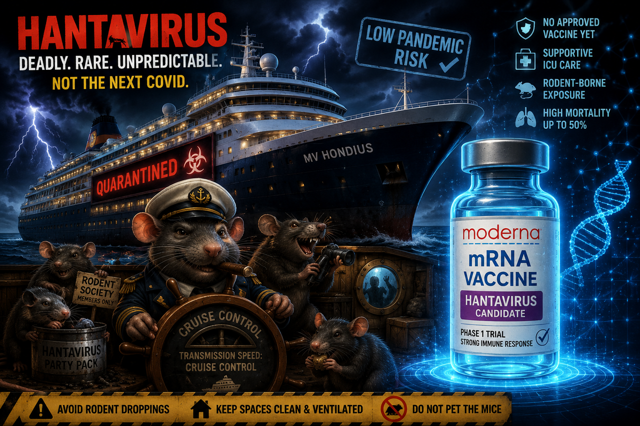 Cartoon-style illustration of a luxury cruise ship quarantined at sea during a hantavirus outbreak, with mischievous rodents below deck and a glowing futuristic mRNA vaccine vial symbolizing Moderna’s biotech response against the deadly virus.