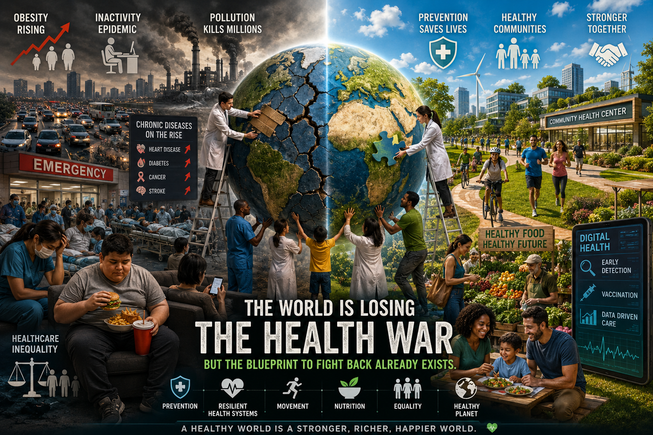 Illustration of a divided modern world showing pollution, sedentary lifestyles, and rising global health crises on one side, contrasted with healthy active communities, green cities, and preventive healthcare, on the other, with Earth being repaired
