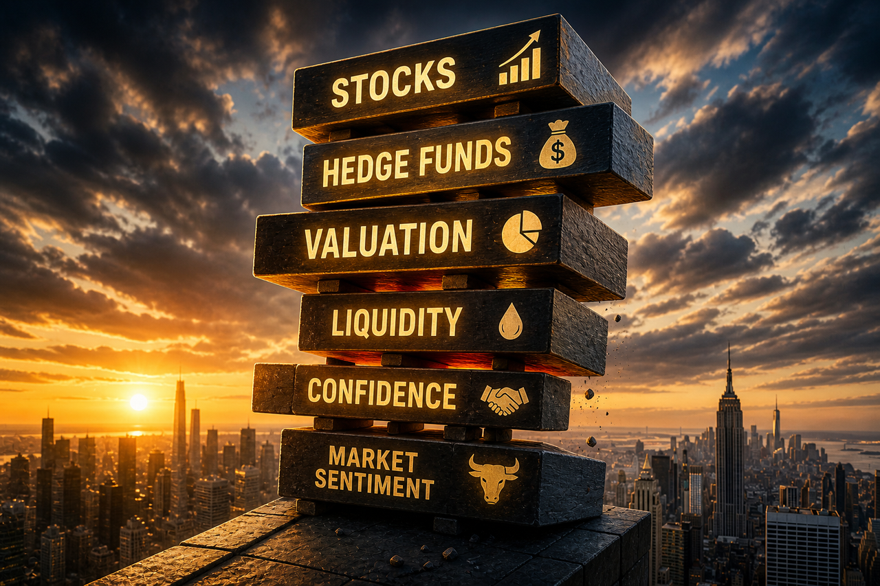 Stacked financial blocks representing stocks, hedge funds, and valuations forming a fragile tower above a city skyline, symbolizing elevated market risk