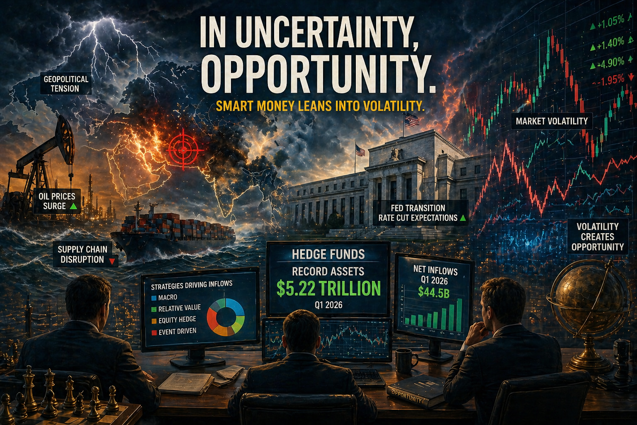 Illustration of hedge fund investors navigating global market volatility with geopolitical events, oil price spikes, and financial charts, symbolizing opportunity in uncertainty.