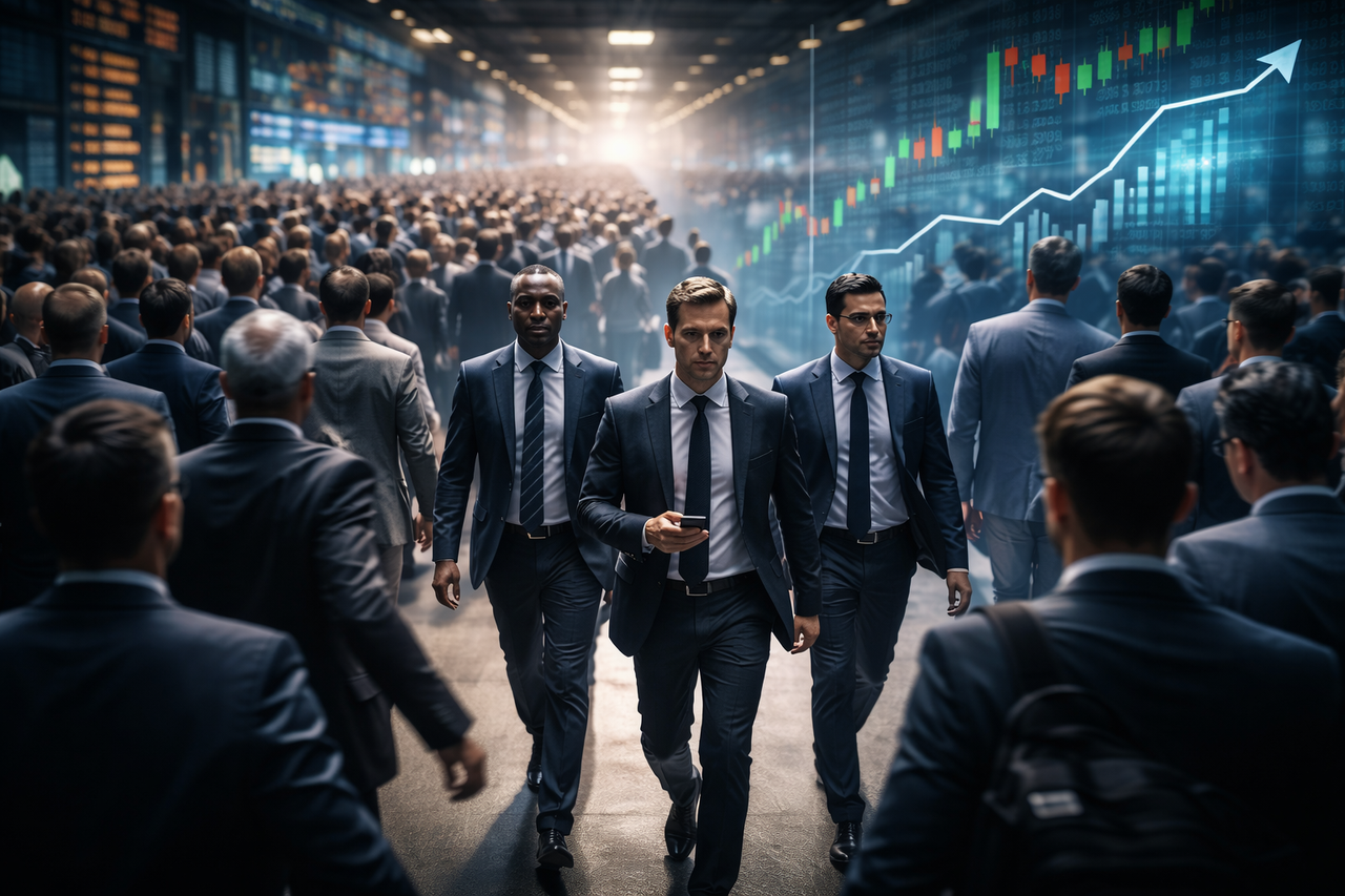 Crowd of traders moving in the same direction with hedge fund managers slightly ahead, symbolizing smart money leading market trends