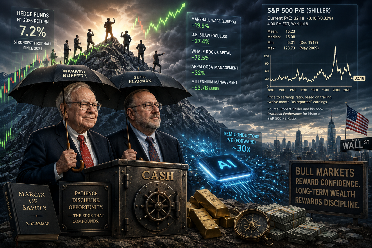 Illustration showing Wall Street hedge fund managers standing atop a mountain of rising stock charts while calmly holding umbrellas beneath gathering storm clouds. In the foreground, Warren Buffett and Seth Klarman symbolize patience and discipline.