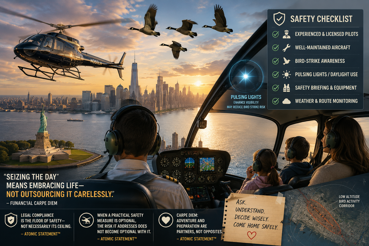 A respectful editorial illustration showing a sightseeing helicopter flying above the Manhattan skyline at sunset as a small flock of Canada geese passes safely in the distance. Inside the cockpit, the pilot focuses calmly on the instruments.