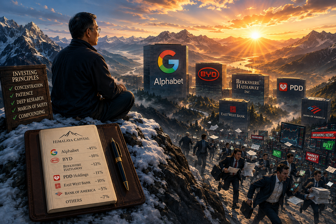 A cinematic editorial illustration of Li Lu sitting peacefully atop a snow-covered mountain overlooking a valley filled with towering businesses representing Alphabet, BYD, Berkshire Hathaway, and PDD Holdings.