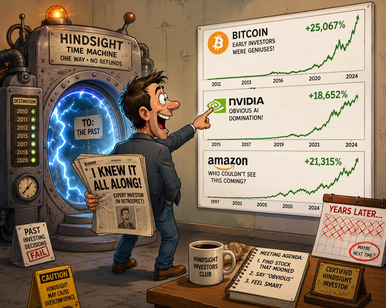 Cartoon-style illustration of an investor standing beside a giant time machine, pointing excitedly at soaring stocks like Bitcoin, Nvidia, and Amazon—but only after their charts have already skyrocketed.