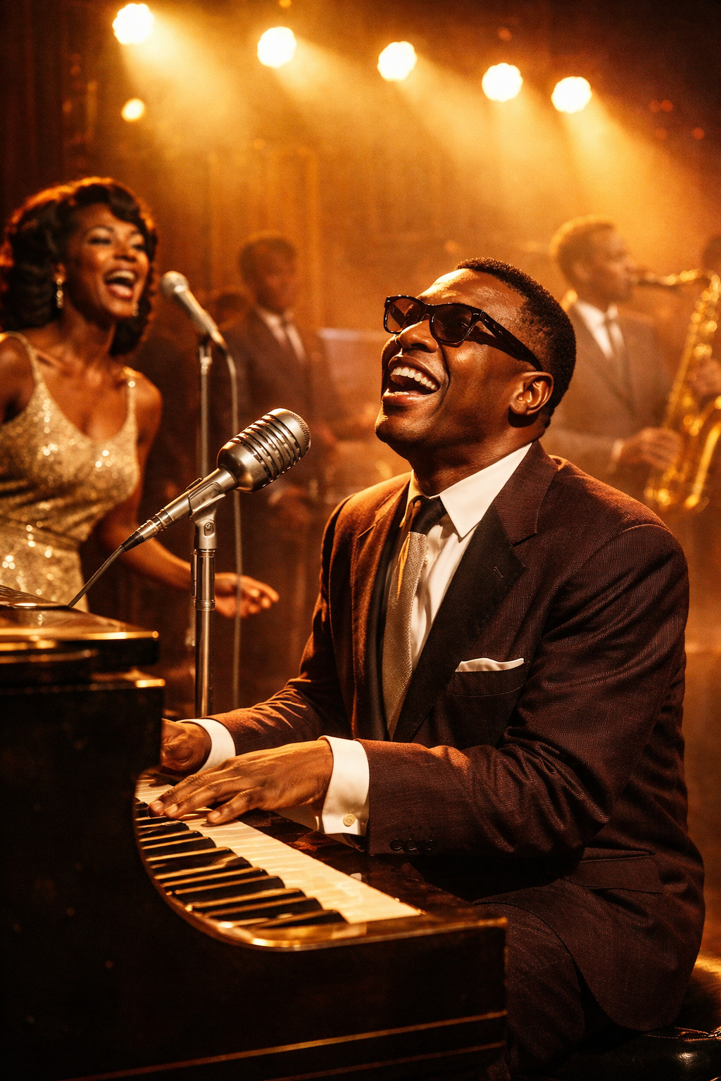 A stylized vintage scene of a soulful pianist performing energetically on stage with a microphone, backed by a female vocalist, under warm golden lights evoking a 1960s rhythm and blues concert atmosphere.