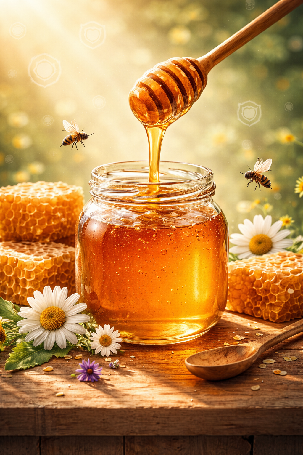 Illustration of a jar of honey with honeycomb and bees, symbolizing honey’s natural health benefits and the importance of moderation.