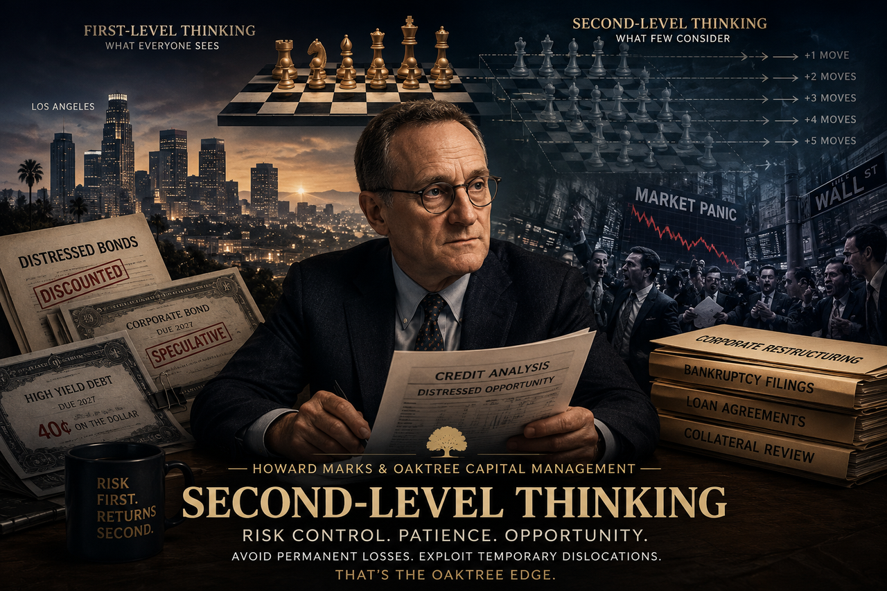 Howard Marks standing confidently before a distressed financial skyline with layered chess moves, credit documents, and market charts symbolizing Oaktree Capital's Second-Level Thinking, risk control, and distressed investing philosophy.