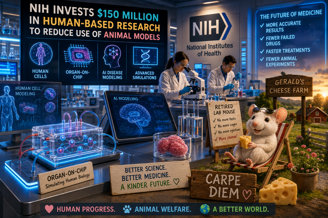 Futuristic NIH laboratory using AI and human-cell technology instead of animal testing, featuring organ-on-chip devices and a happy retired lab mouse symbolizing reduced animal experimentation.