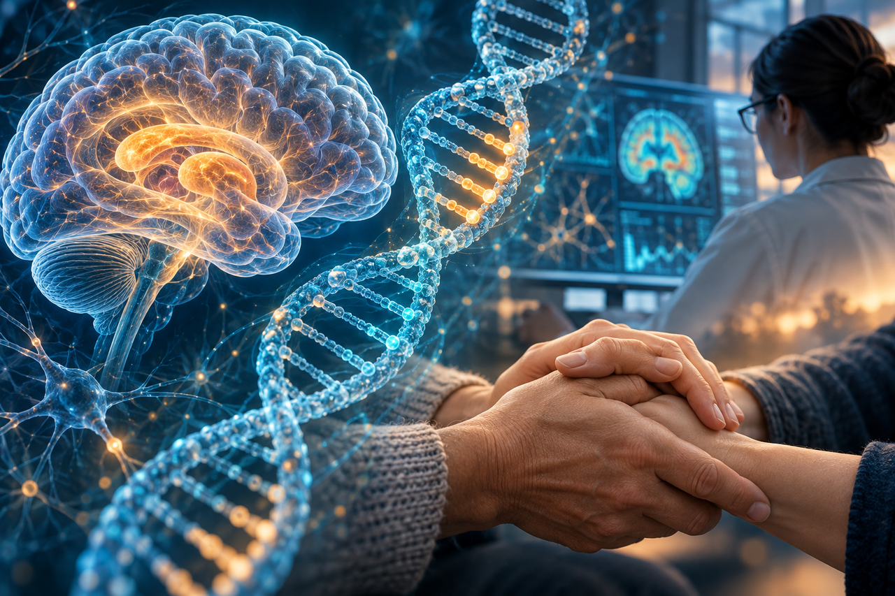 Editorial illustration of a glowing brain, a DNA strand with a highlighted repeat region, a researcher and gently clasped hands, representing Huntington’s disease research and family support.