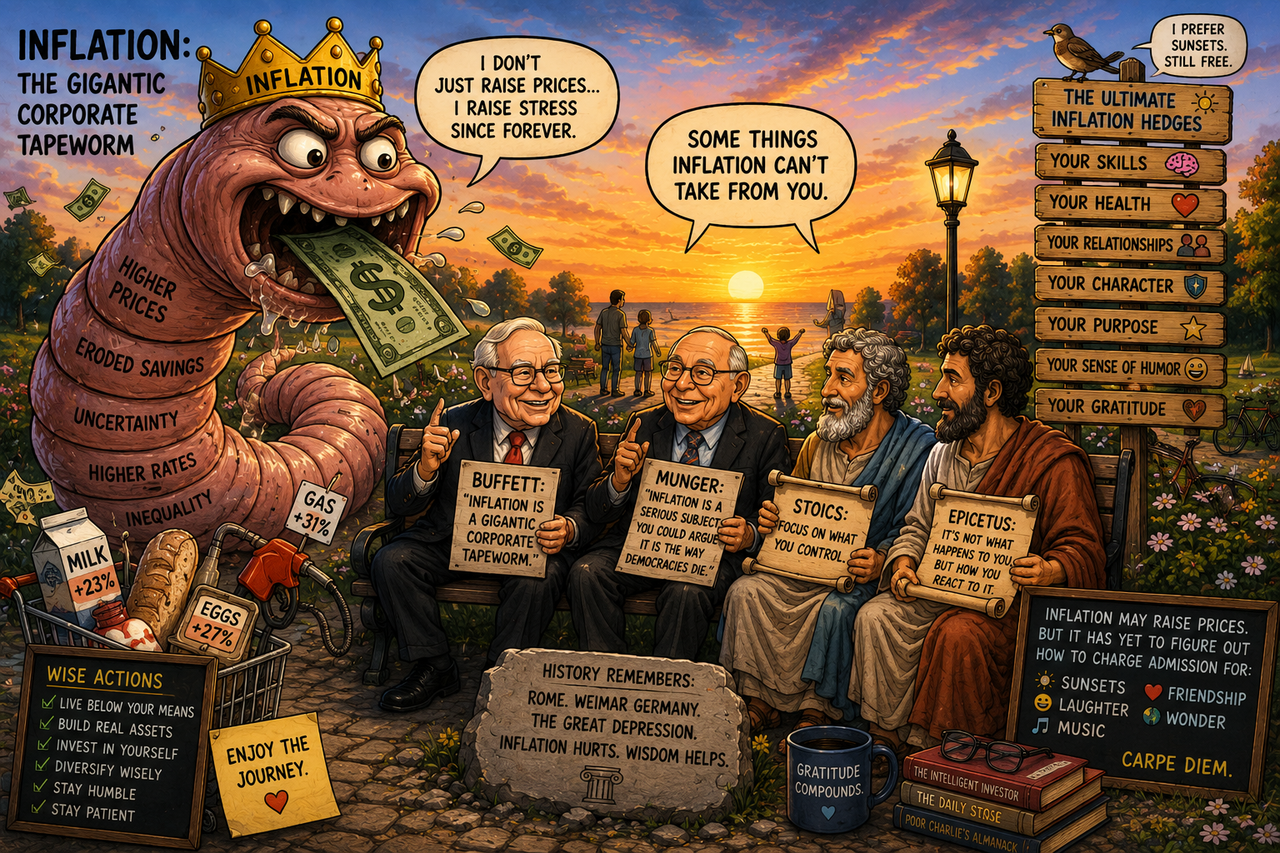 Illustration showing inflation as a mischievous giant tapeworm wearing a price-tag crown and trying to eat dollar bills, while Warren Buffett, Charlie Munger, and ancient Stoic philosophers calmly sit on a park bench watching a beautiful sunset.