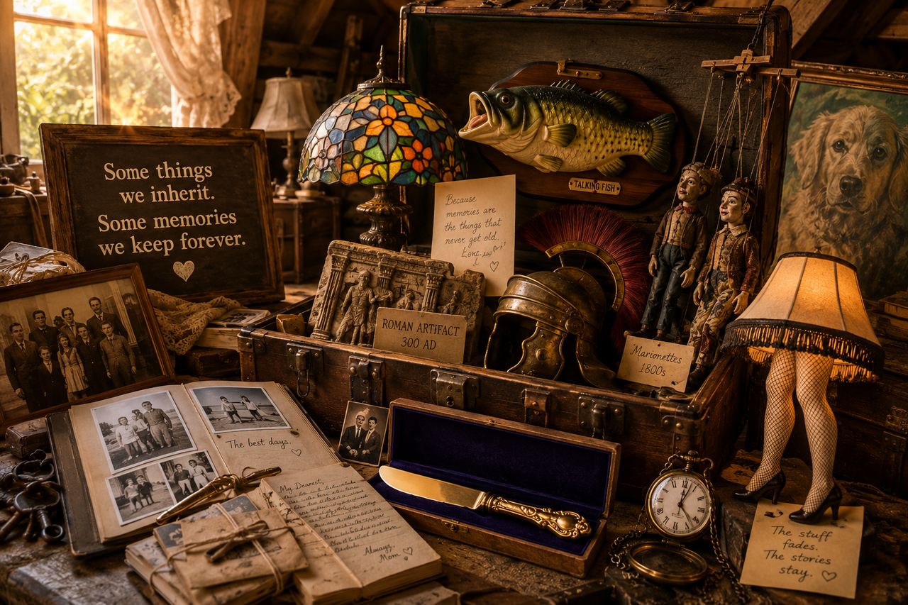 A warm, nostalgic attic filled with open wooden trunks containing unusual inherited treasures: a gleaming gold butter knife, Roman artifacts, and an old family photo album. Memories—not possessions—form our greatest inheritance.