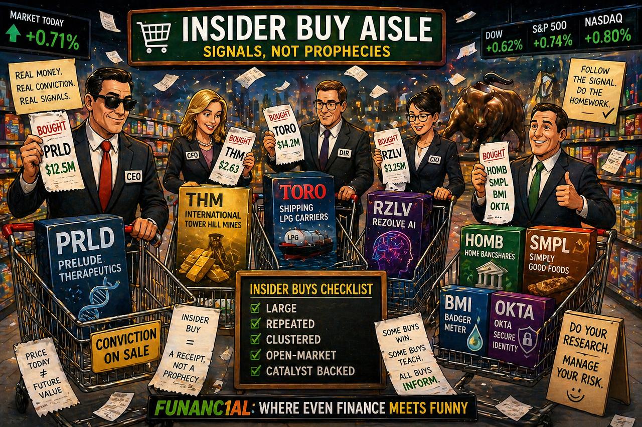 Illustration of corporate insiders shopping for stocks labeled PRLD, THM, TORO, SMPL, RZLV, HOMB, BMI, and OKTA, symbolizing top insider buys in April 2026.