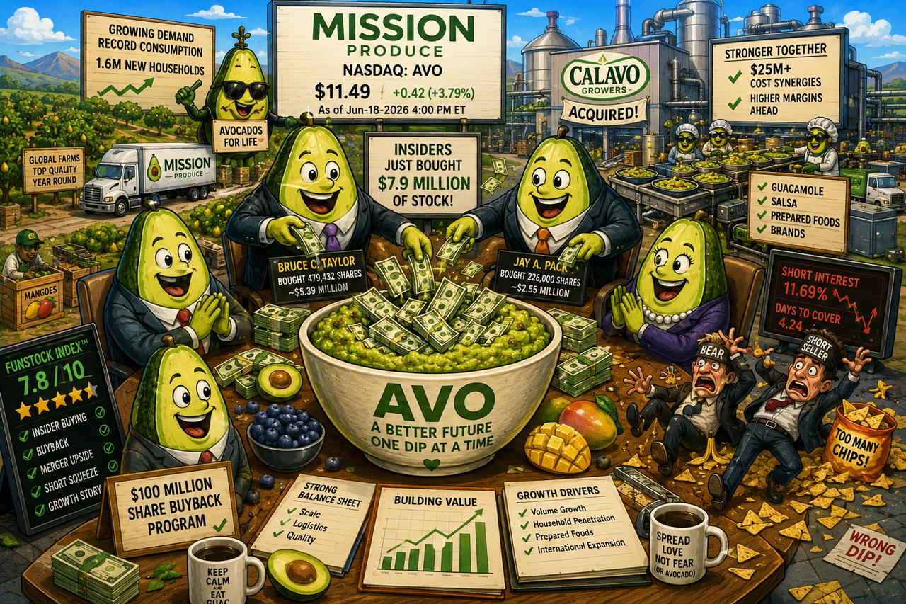 Colorful cartoon illustration showing giant business-suited avocados and executives pouring cash into a giant bowl of guacamole labeled AVO while farms, trucks, blueberries, and a Calavo factory operate in the background.
