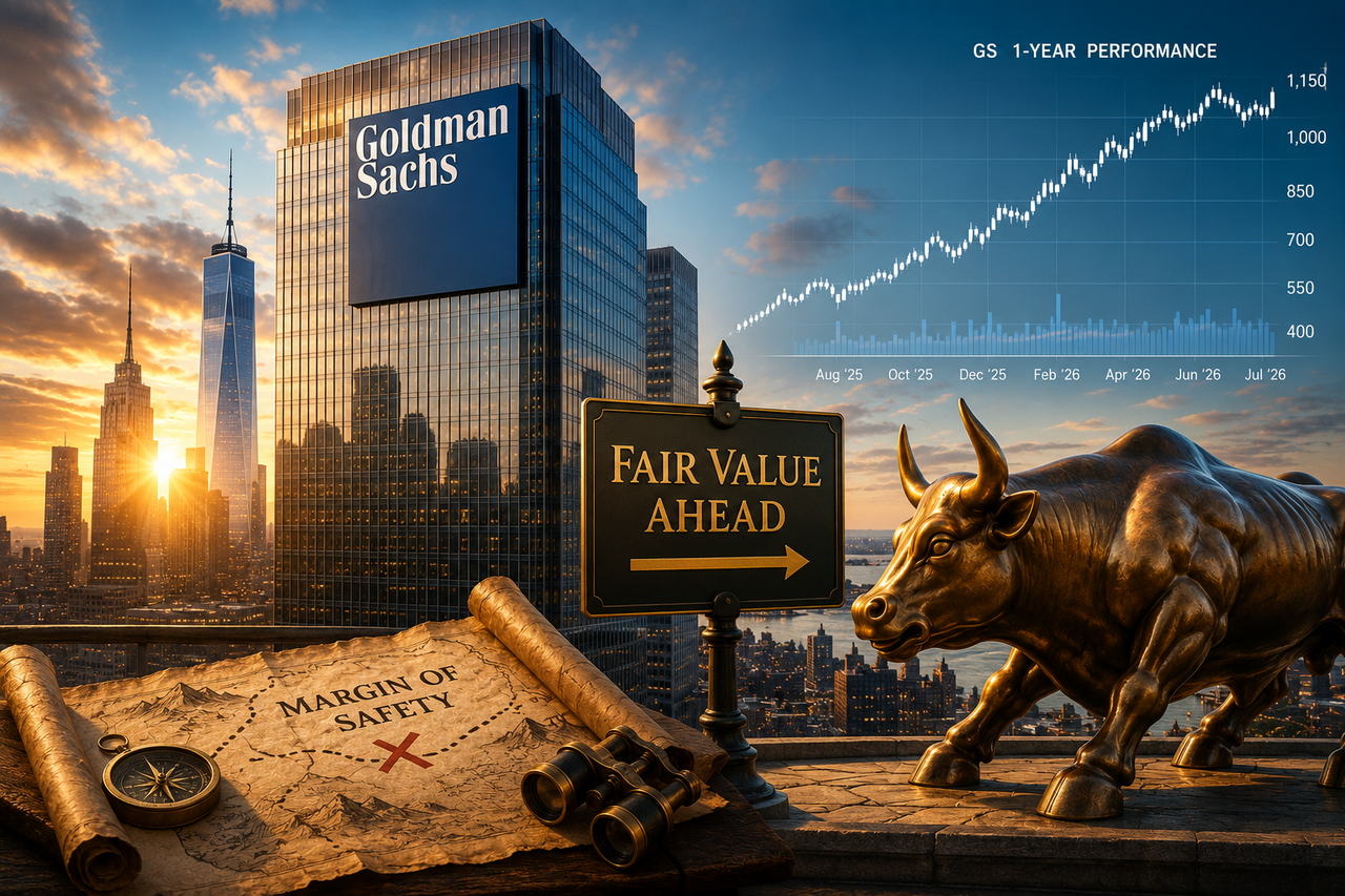 The iconic Goldman Sachs headquarters rising above New York City's skyline at sunrise. In the foreground, a polished golden bull pauses before a sign reading 
