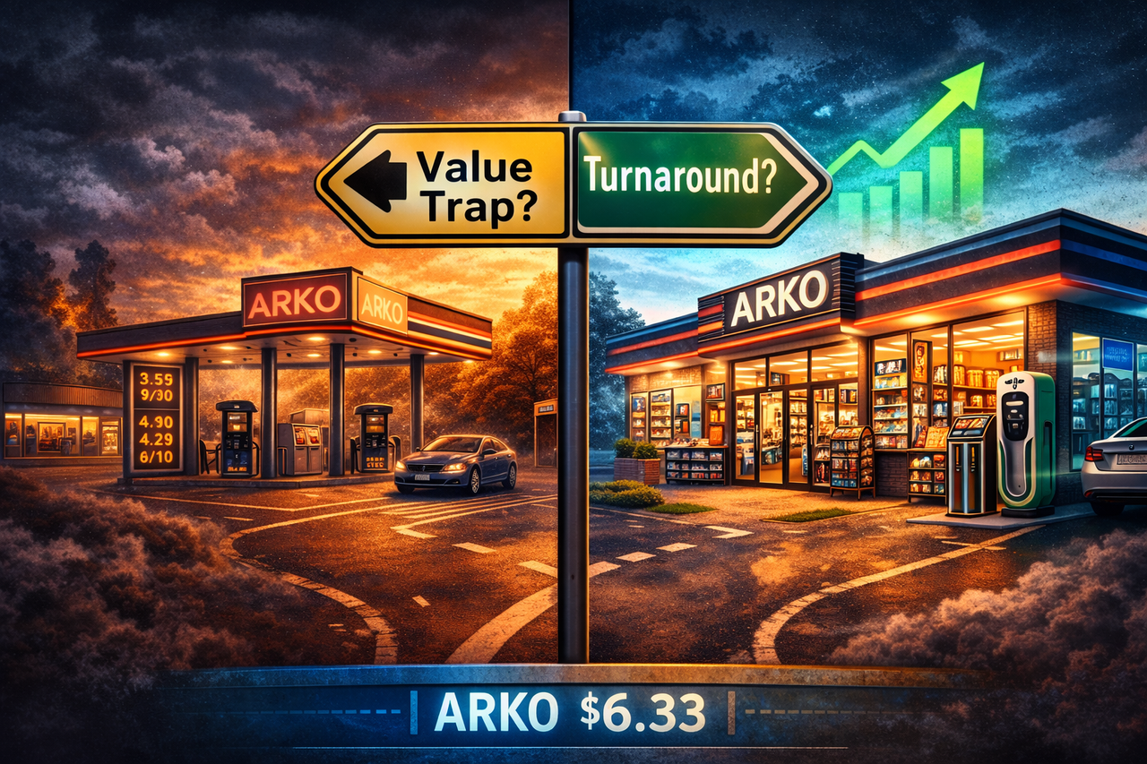 Illustration of a convenience store split between gas pumps and modern retail, symbolizing ARKO’s turnaround from fuel dependence to higher-margin convenience retail.