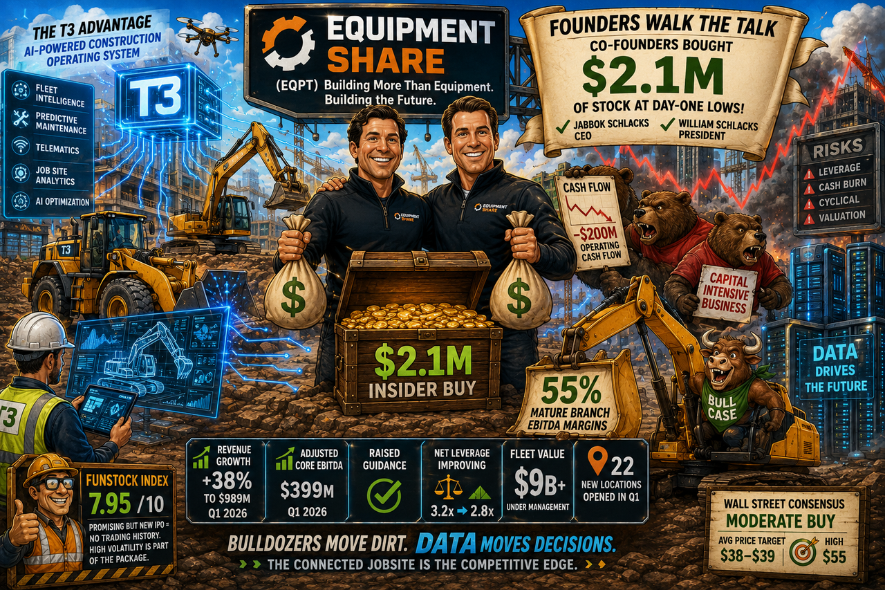 Humorous and colorful cartoon illustration showing giant bulldozers and excavators connected by glowing AI networks and data streams. Two founders stand proudly on top of a treasure chest labeled 