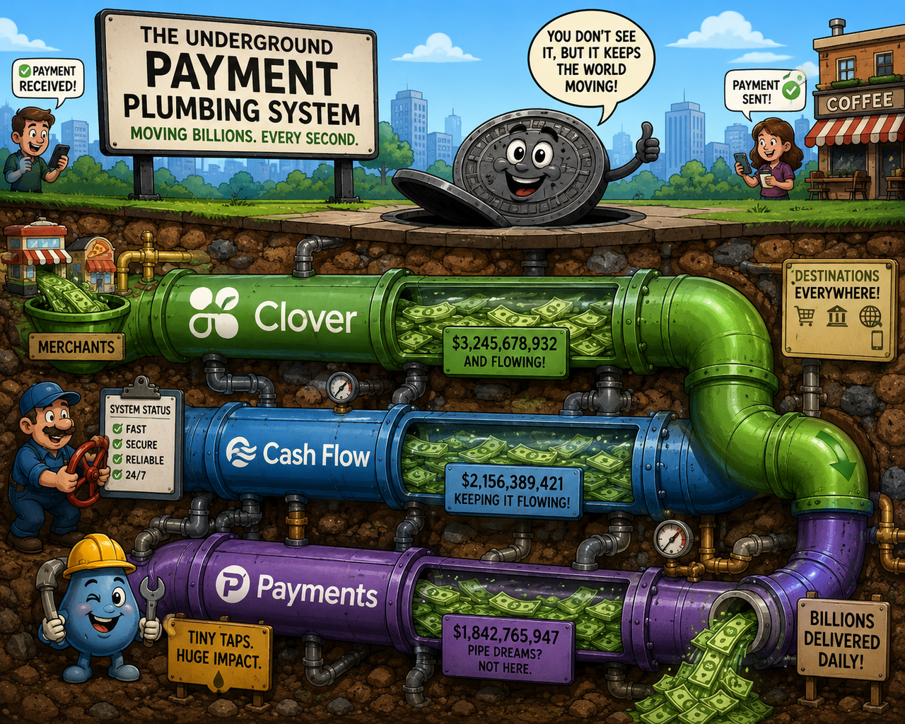 Colorful and humorous cartoon illustration showing a giant underground payment plumbing system carrying billions of dollars through pipes labeled 
