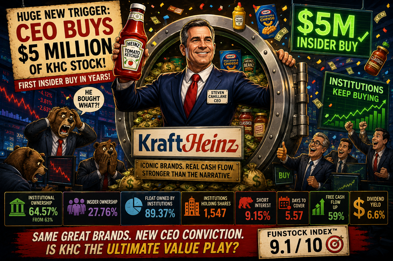 Kraft Heinz CEO Steven Cahillane stands triumphantly inside a giant ketchup bottle vault while Wall Street bears panic nearby. Heinz ketchup packets rain from the sky and a bold “$5M Insider Buy” sign glows in the background.  