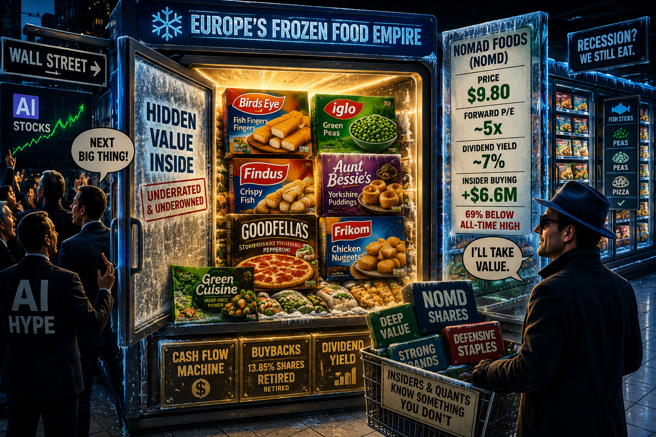 Cinematic illustration of a glowing supermarket freezer aisle filled with frozen fish products and vegetables stacked like financial treasure, while investors in suits discover a hidden value stock opportunity inside Europe’s frozen-food empire.