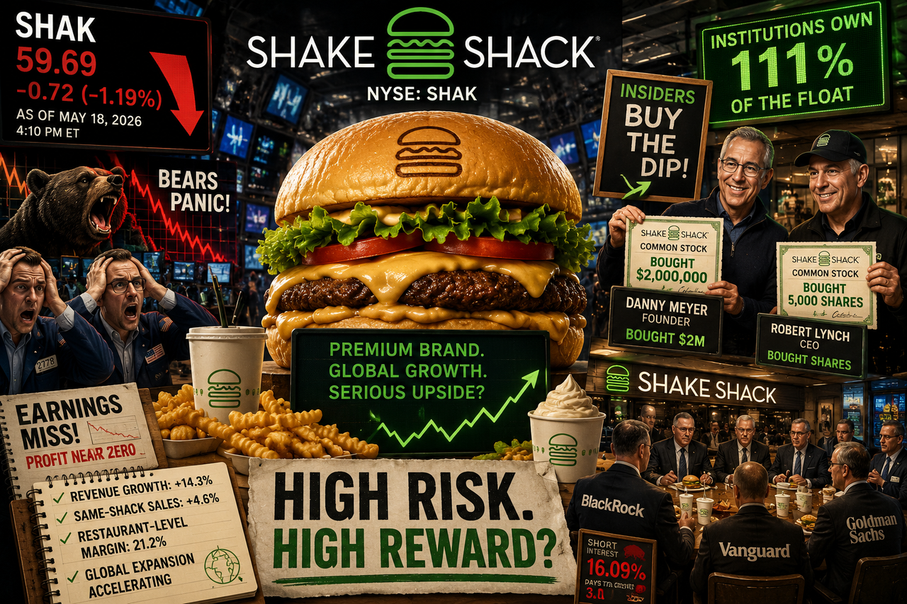 Cinematic illustration of a giant premium burger on a Wall Street trading floor as institutional investors, short sellers, and insiders battle over Shake Shack stock during a dramatic market selloff.