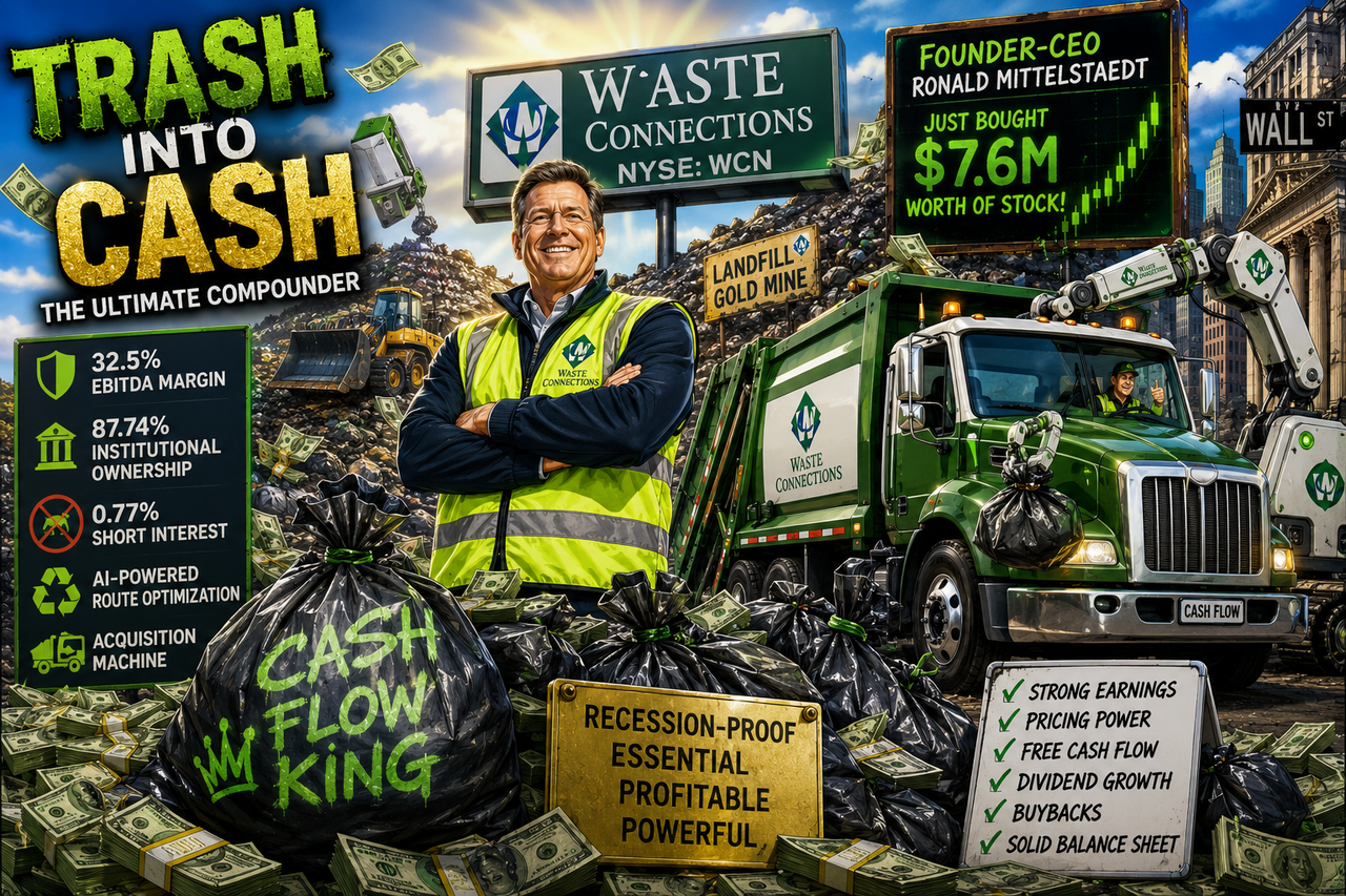Cartoon-style illustration of a confident CEO in a bright safety vest standing atop a mountain of cash-filled garbage bags beside futuristic Waste Connections garbage trucks, while Wall Street analysts stare in disbelief.